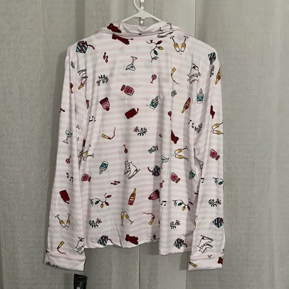 kate spade S-XL Blush Pink Vertical Stripe Festive Holiday Notched Collar PJ